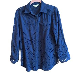 Adiva Embroidered Eyelet Button Up Long Sleeve Shirt Lightweight Cotton